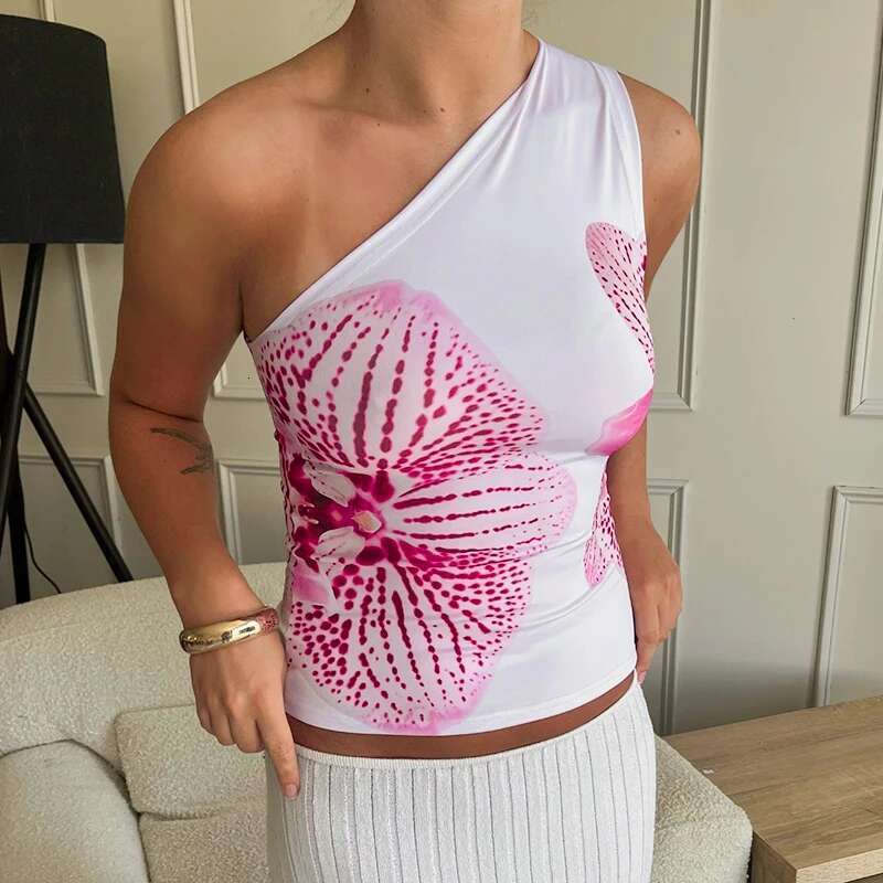 Print CUTENOVA ral Fitted Tops Women Resort Wear Graphic Tees Summer 2025 Casual One Shoulder Slash Backless Tank Top
