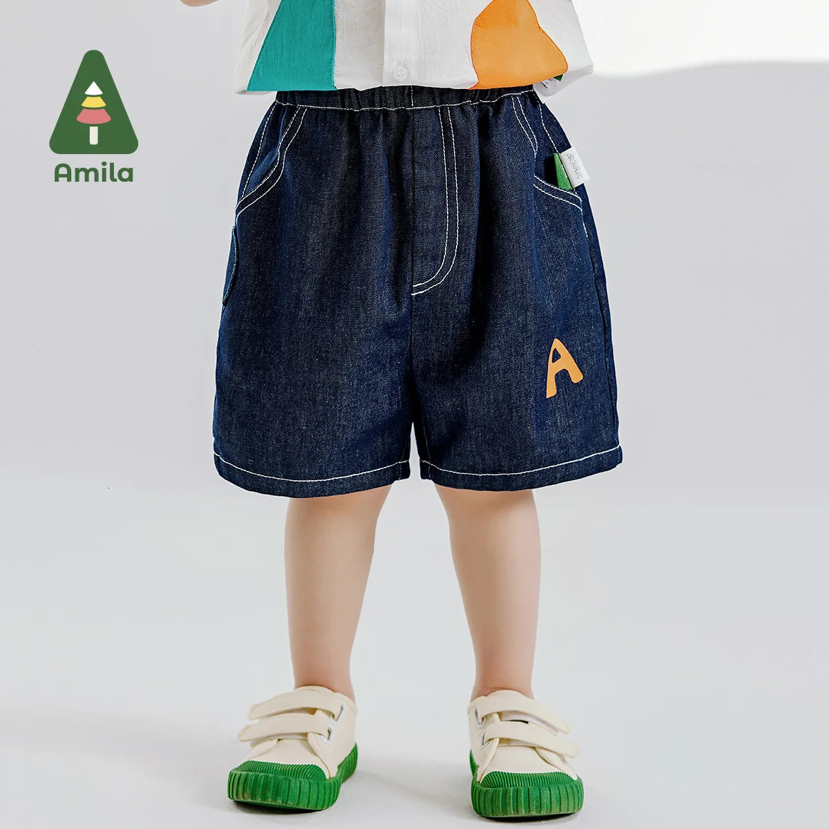 Amila Summer Boys Bottom Soft Denim Patchwork Cartoon Cat Dark Blue Boutique Breathable Quarter Pants 0-6Y 250304
