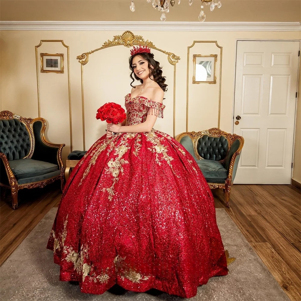Glitter Dark Red Sequined Quinceanera Dresses Beading Tassel Off Shoulder Sweet 16 Dress Gold Lace Applique Corset Prom Ball Gown