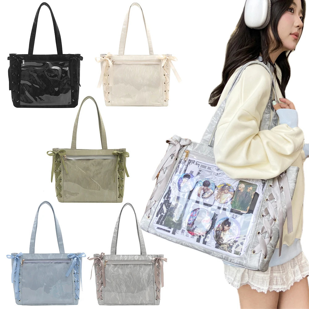 Women PU Leather Tote Bag Bow Ribbon Shoulder Bag Transparent Hobo Bag Large Capacity Travel Shopping Bag 250305
