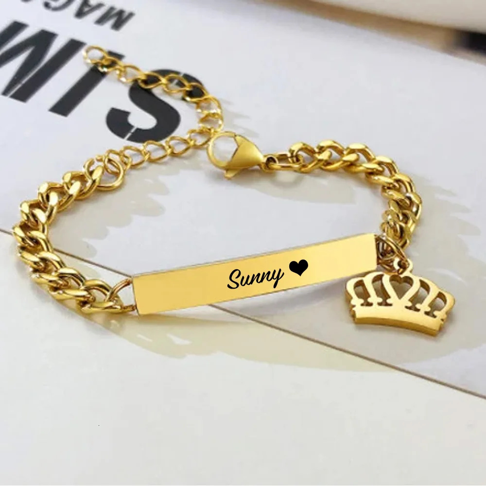 925 sterling silver custom name bar bracelet crown carved name letters heart-shaped personalized gold-plated childrens bracelet 250304