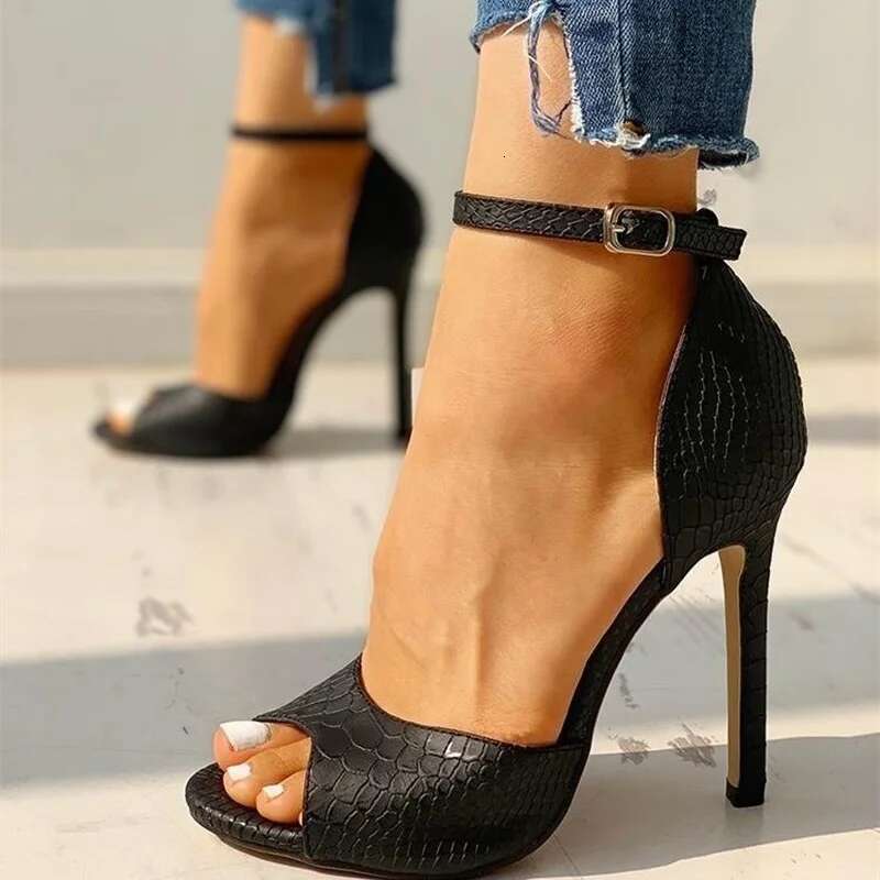 High Heel Sexy Dress Wedding Shoes Women Ankle Strap Peep Toe Heel Sandals White Super High Heels Buckle Snake Pattern Woman Pumps