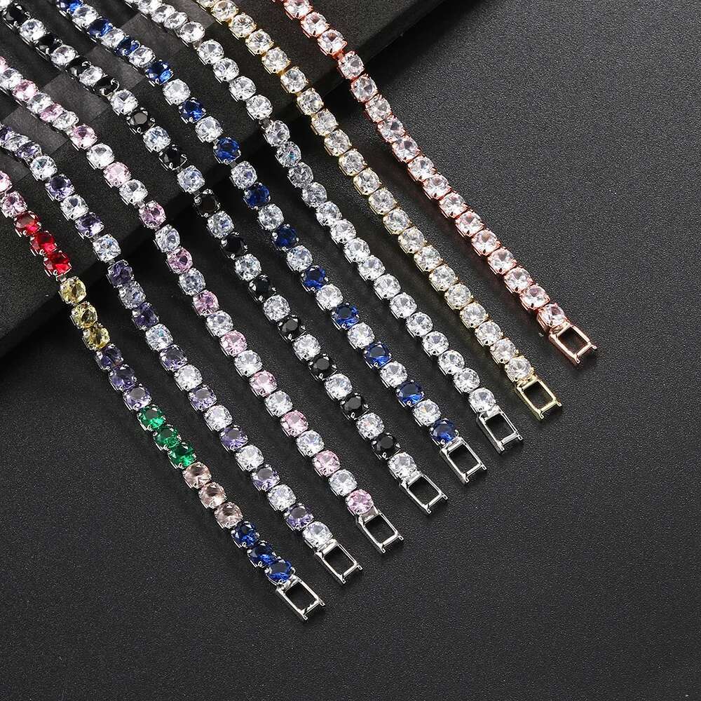 Colorful Zircon Tennis Bracelet Bangle for Women Sier Color 4mm Rainbow Crystal Hand Chain Jewelry Friend Gifts H027-M