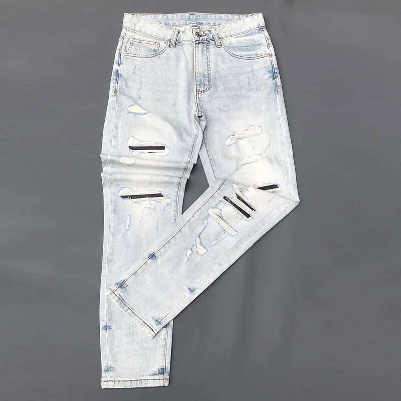Street Fashion Retro Light Blue Stretch Slim Fit Hip Hop Ripped Jeans Men Patched Designer Vintage Denim Pants Hombre