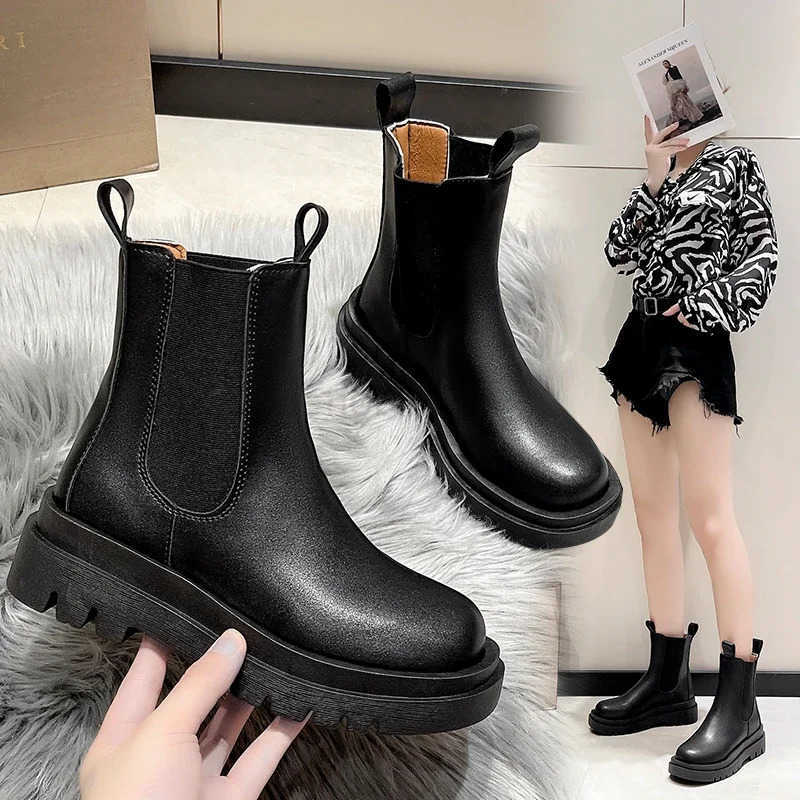 Boots Chunky Boots Wen Winter Shoes PU Leather Plush Ankle Boots Black Fem Autumn Fion Platform Booties Z250304