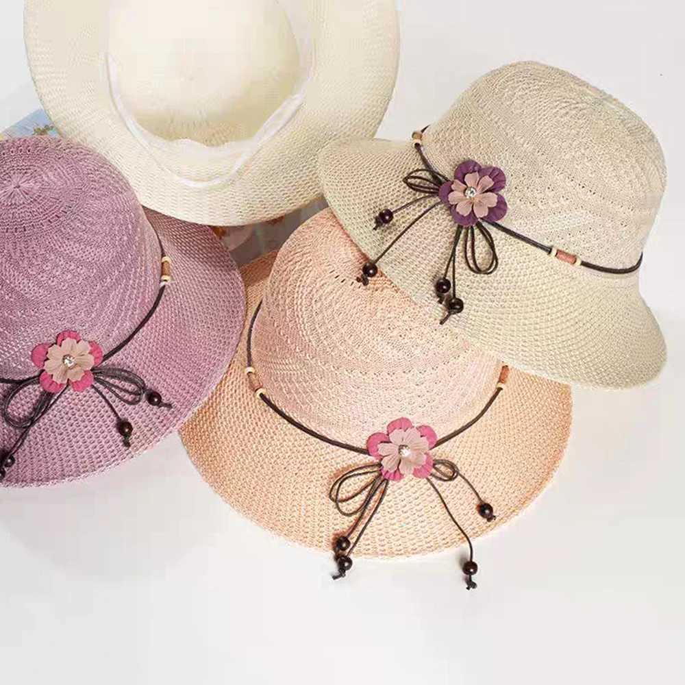 2024 Summer Women Bow Flowers Str Hat Outdoor Sun Sunscreen Collsible Beach HatXJ250304
