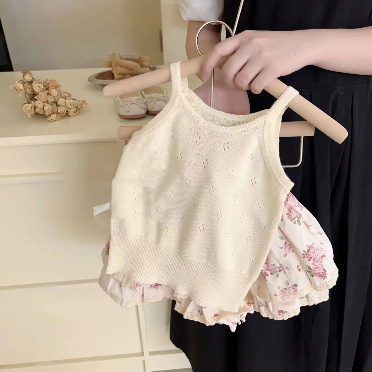 Ins Summer Toddler Girl Outfit Hollow Cool Slip Tees Lace Rose Flower Bud Shorts Baby Girl 2PCS Clothes Set Kid Girl Suits 250304