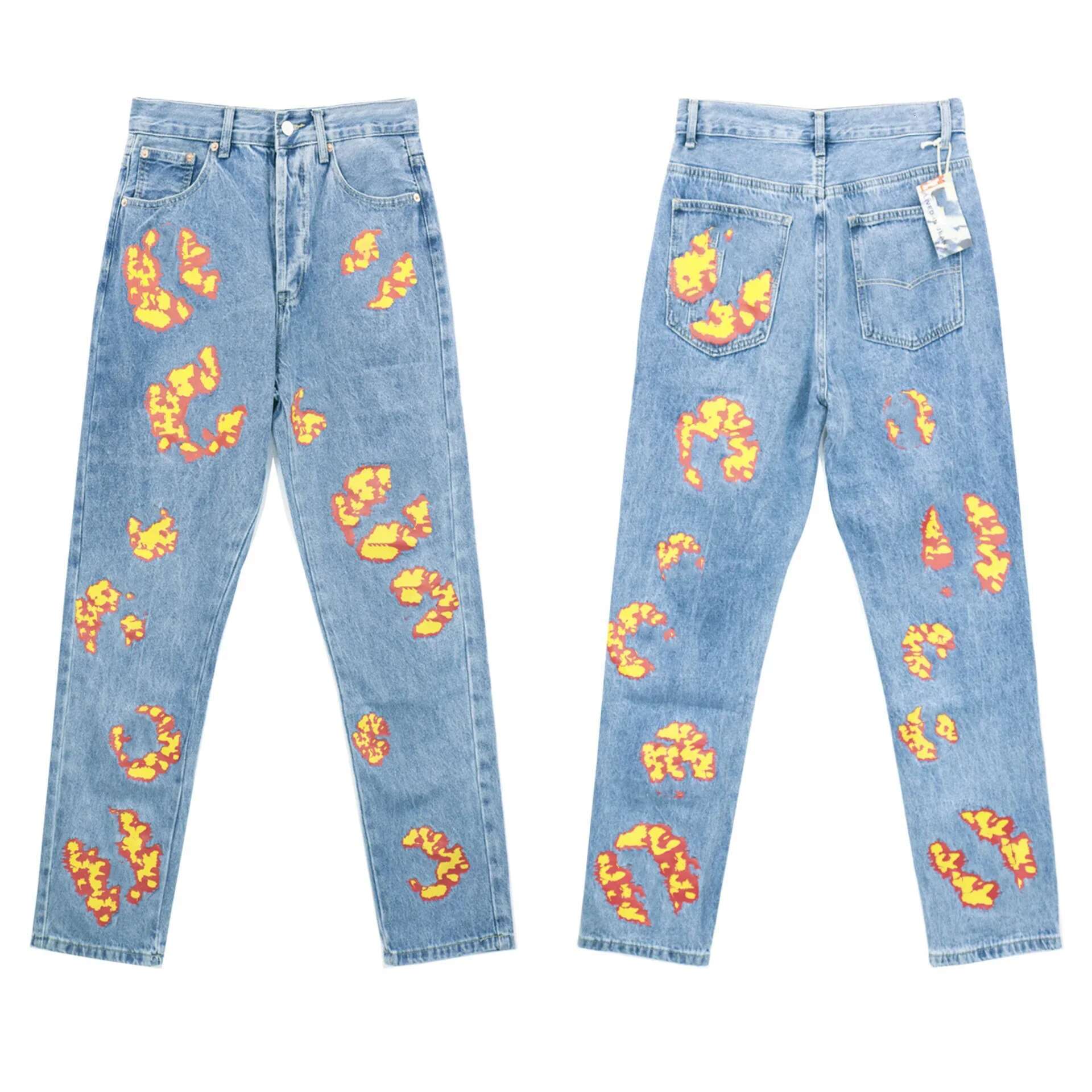 Trendy Wood Cotton Printed Casual Jeans For Men And Women American Straight-Leg Denim Pants Hip Hop Style From China