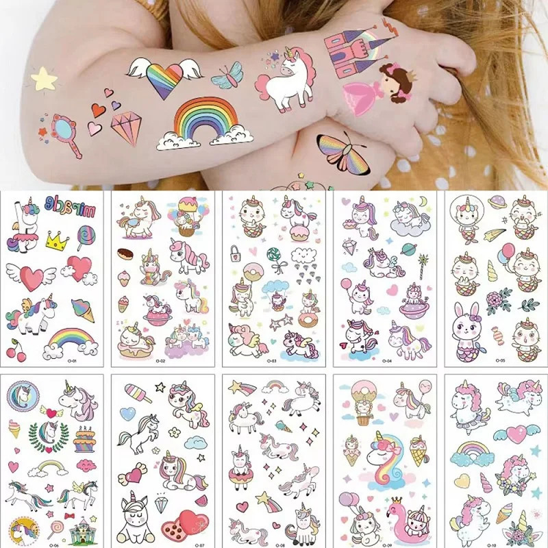 10PCS Tattoos for Children Transfer Kids Mini Waterproof Festival Glitters Face Unicorn Animals Stickers 250219