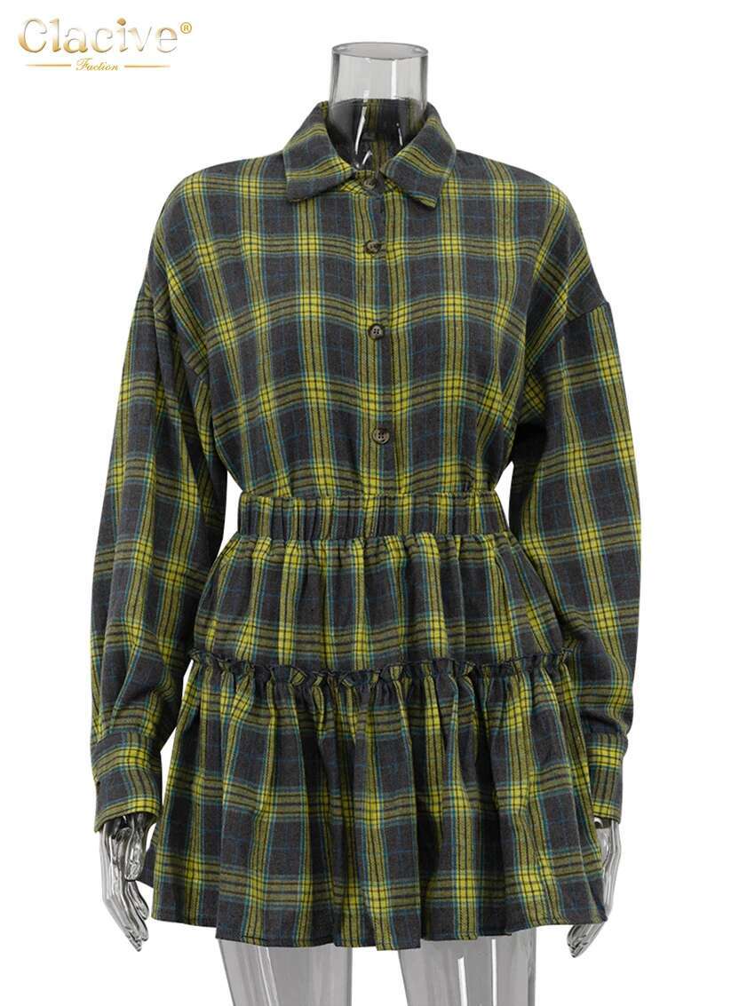 Clacive Fashion Loose Plaid 2 Piece Sets Women Outfit 2024 Elegant Long Sleeve Shirt With High Waist Ruffle Mini Skirts Set