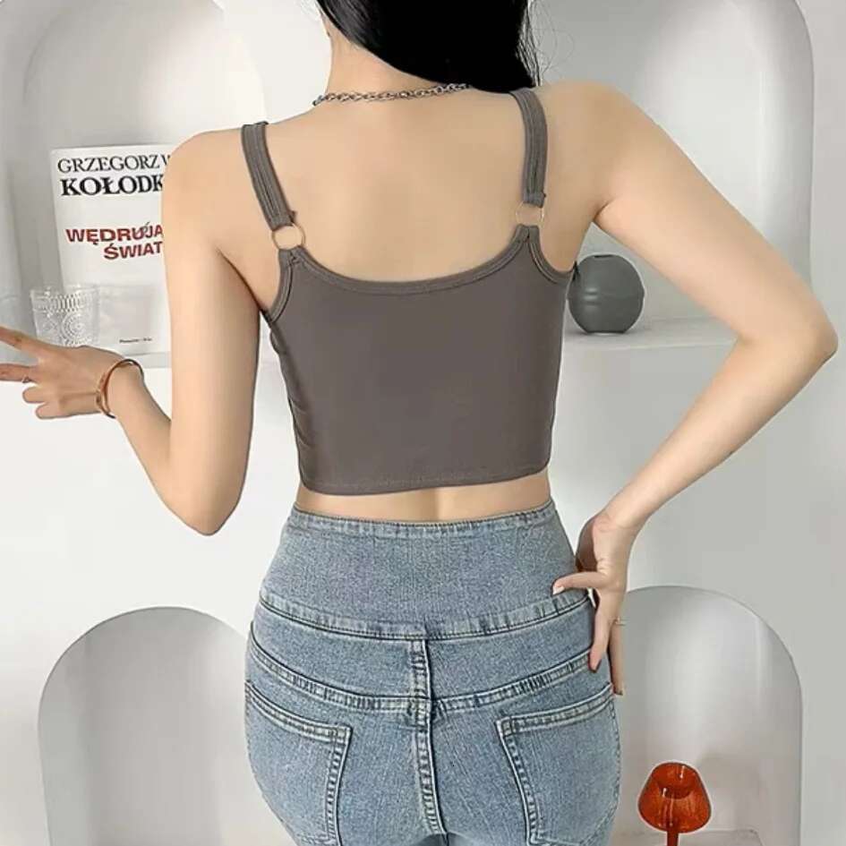 Spring Sexy New Print Letter Short Tank Tops Women'S Irregular Crop Top Y2k Summer Buckle Vest Embroidery With Bra Pad