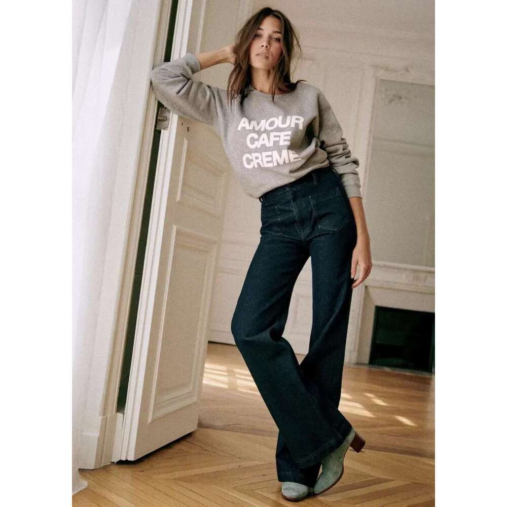 Retro Double Pocket Washed Dark Blue Jeans Women High Waist Slim Wide Leg Pants