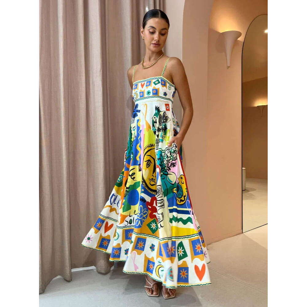 casual long women's suspender printed en 9-color large swing dress 2025 new style chic and elegant clothing