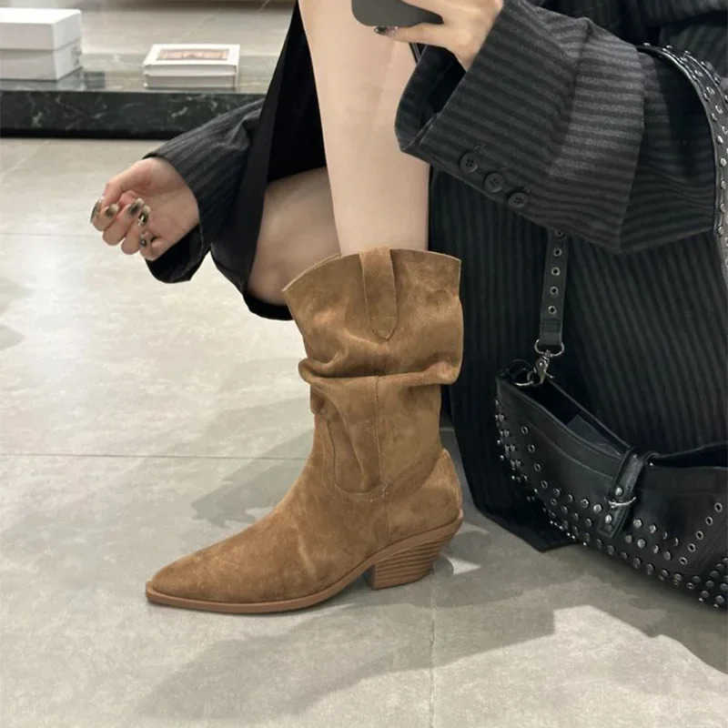 Fion Vintage e Boots Korean Chunky Heel Sle Wern Pleated Doc Suede Ankle Boots Designer Pleated Boots Shoes Z250304