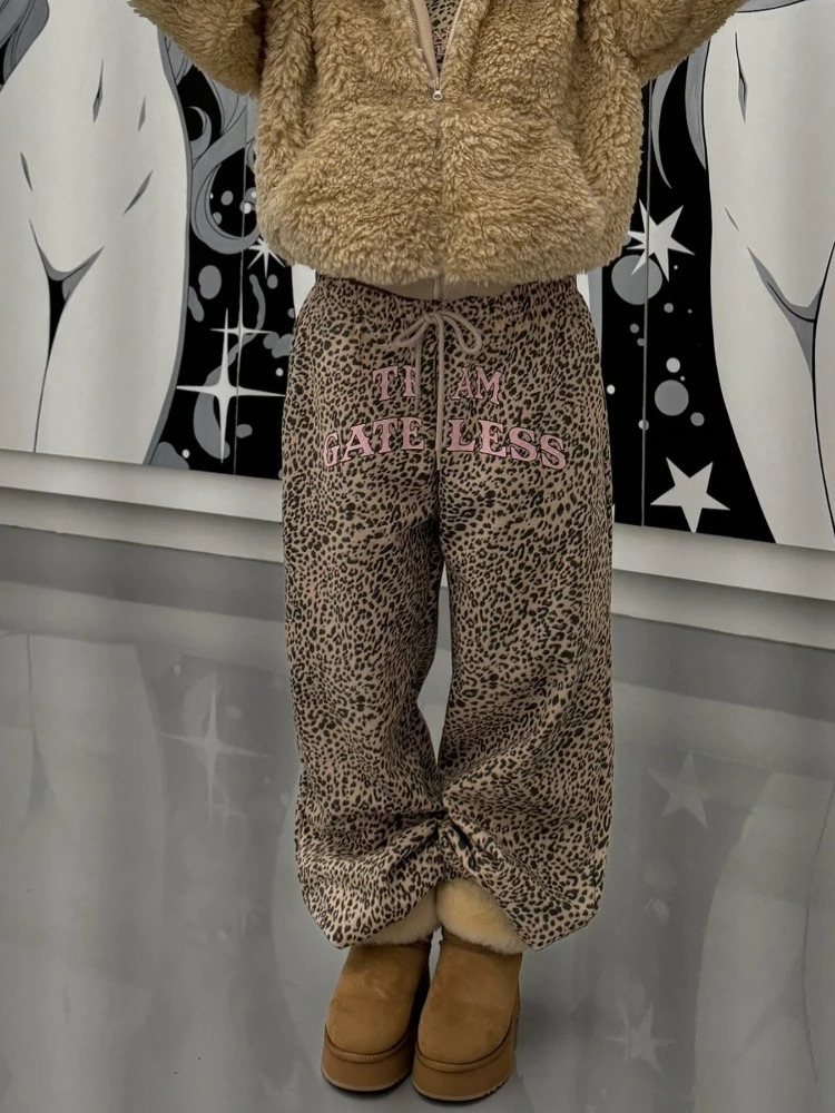 Deeptown Y2k Vintage Leopard Print Mid Waist Long Pants Women American Retro Streetwear Hip Hop Letter Print Loose Trousers 2025 250303