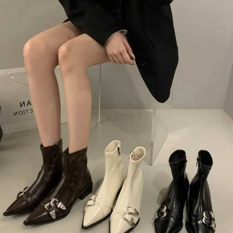 Wens fion chunky heel shoes new fall pointy metal buckle side zipper mid-heel cfort ankle boots Z250304