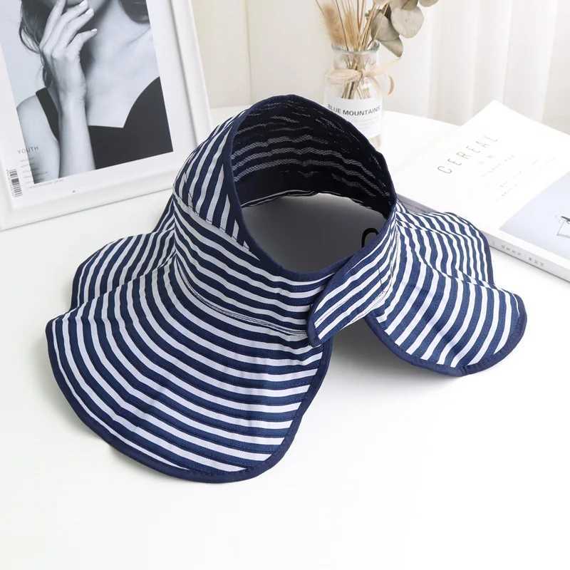 Outdoor Traveling Foldable Visor Hat Summer Wide Brim Stripe UV Protection Sun C For Women Ponytail Cs Beach Fisherman HatsXJ250304