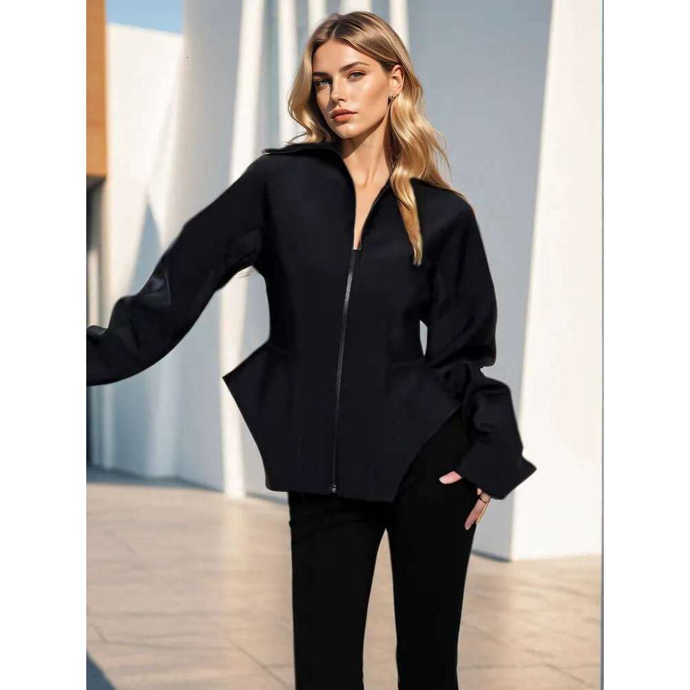 Fashion Women's Coat Lapel Zipper Waist Retraction Black Slim Personalized Cutting Jackets Autumn 2025 New Tide 7Ab4729