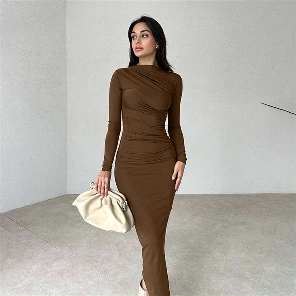 2024 Spring and Autumn New Slim Fit, Advanced Sense, Solid Color, Elegance, Long Style, Wrapped Hip Dress for Women