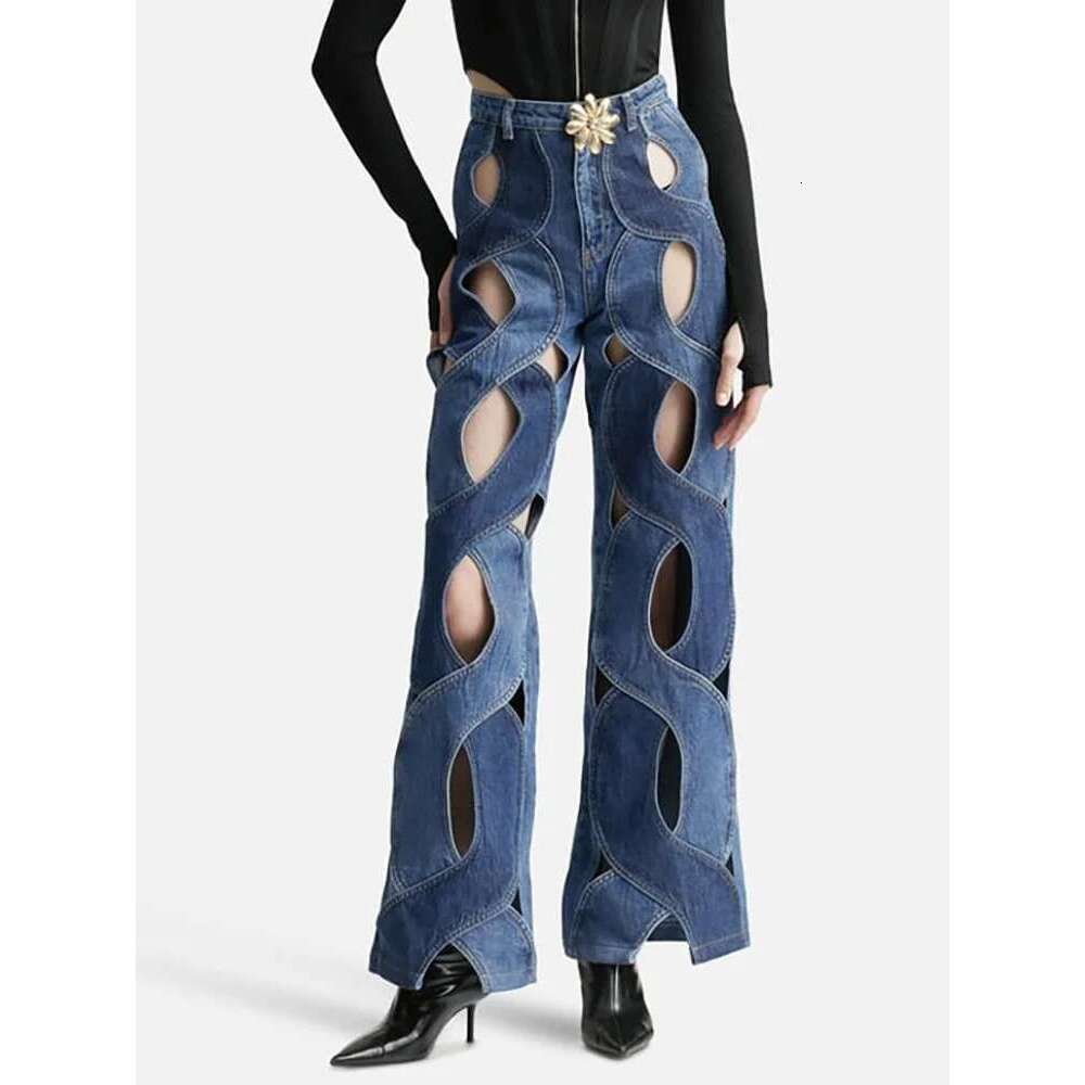 Fashion Women's Jeans High Waist Cross Contrast Color Hollow Out Metal Button Straight Denim Pants Summer 2025 New