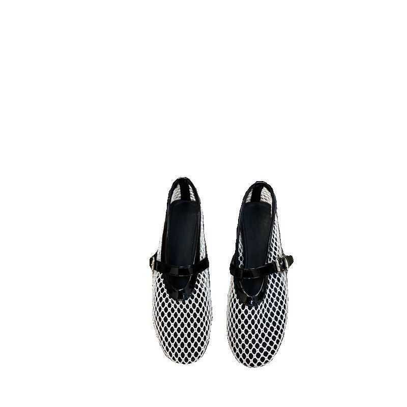 heels Round headed mesh buckle with ballet single shoe womens ins full flash flat bottom hollow Mary Jane sandals fishing net shoes 250309