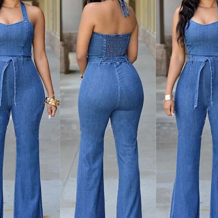 Women One Piece Solid Denim Jumpsuits Sleeveless V Neck Rompers Wide Leg Long Pants Overalls Sexy Slim Fit Hight Waist 250303