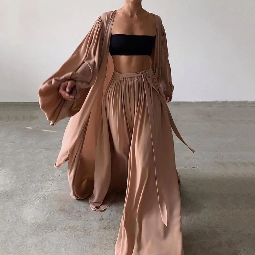 Fabulous elastic waist lantern sleeves wide leg womens autumn set long sleeved jacket pants 250225