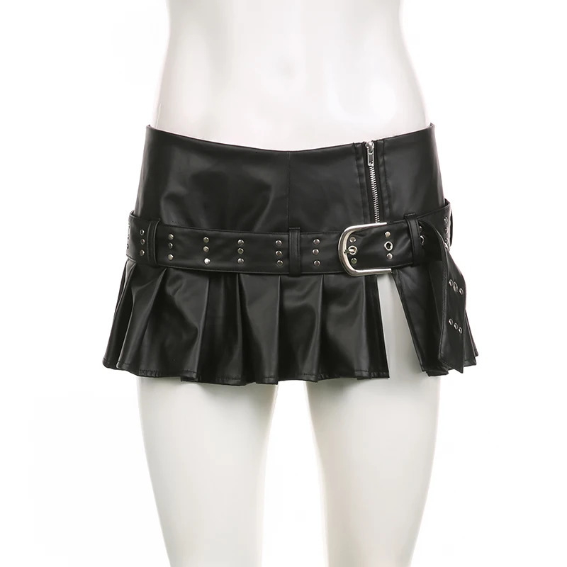 SUCHCUTE Rivet Belt Gothic Punk Leather Mini Skirt Women Low Rise Zipper Streetwear Emo Summer Slit Pleated Skirt Dark Academia 250304