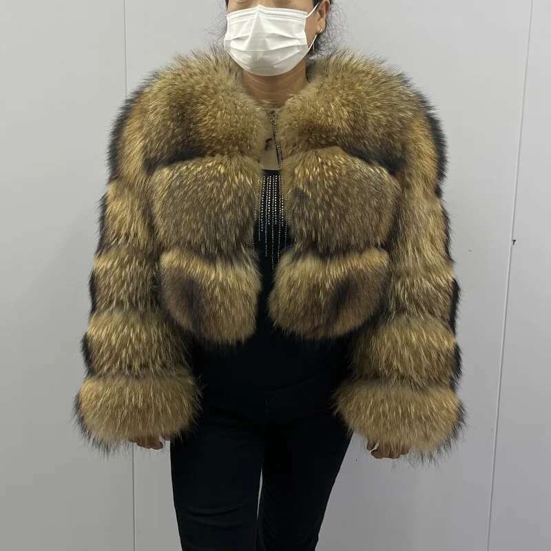 BEIZIRU Real Raccoon Fur Coat Women Winter Long Sleeve Natural Jackets Thick Top