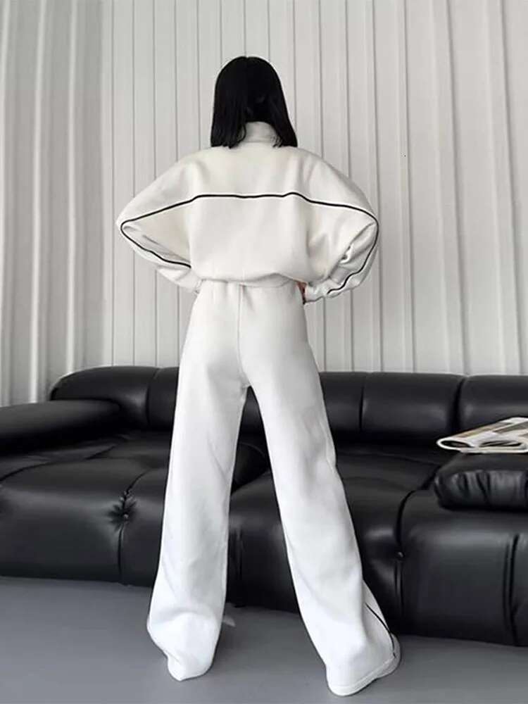 Sport Stripe Sweatshirt Two Piece Set Women White Turtleneck Long Sleeve Elastic Waist Pant Sets Female 2025 Spring Autumn