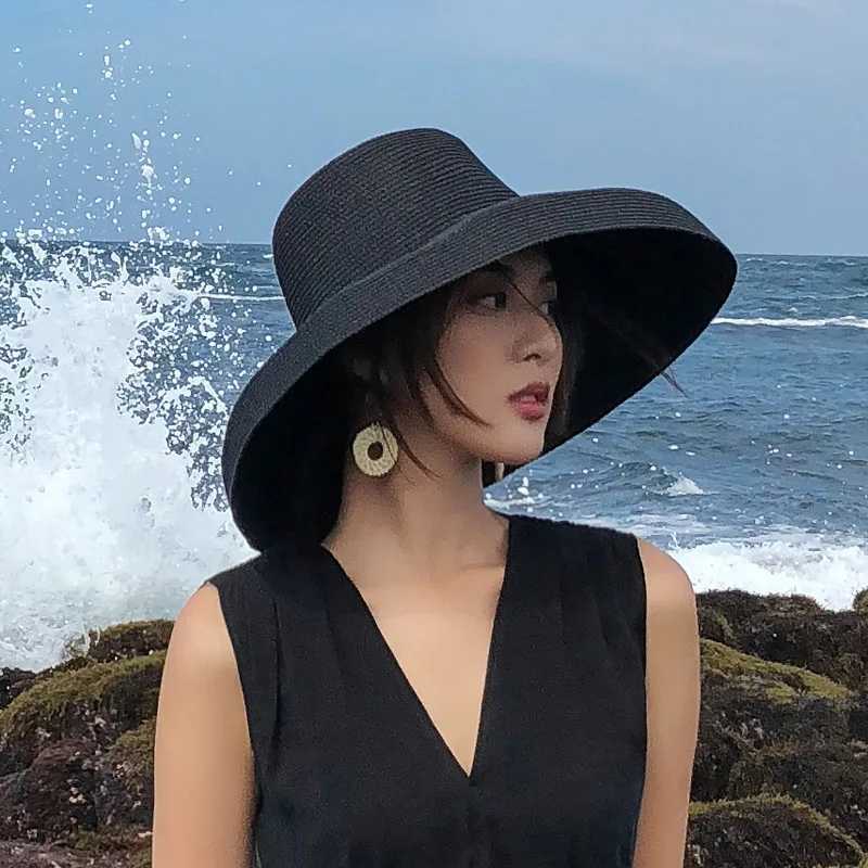Summer Hepburn Style Sun Hat for Women Girls Vintage Design Str Hat Sun Protection Solid Color Beach Holiday Big Sun CXJ250304