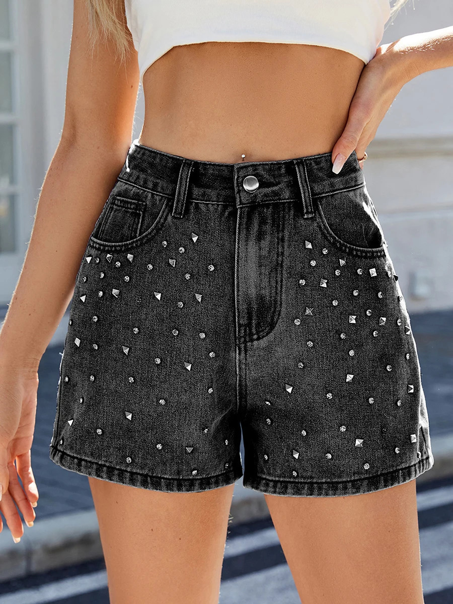 Women Studded Denim Shorts Casual Summer High Waist Jean Short Pants for Vacation Beach Club Streetwear 250304
