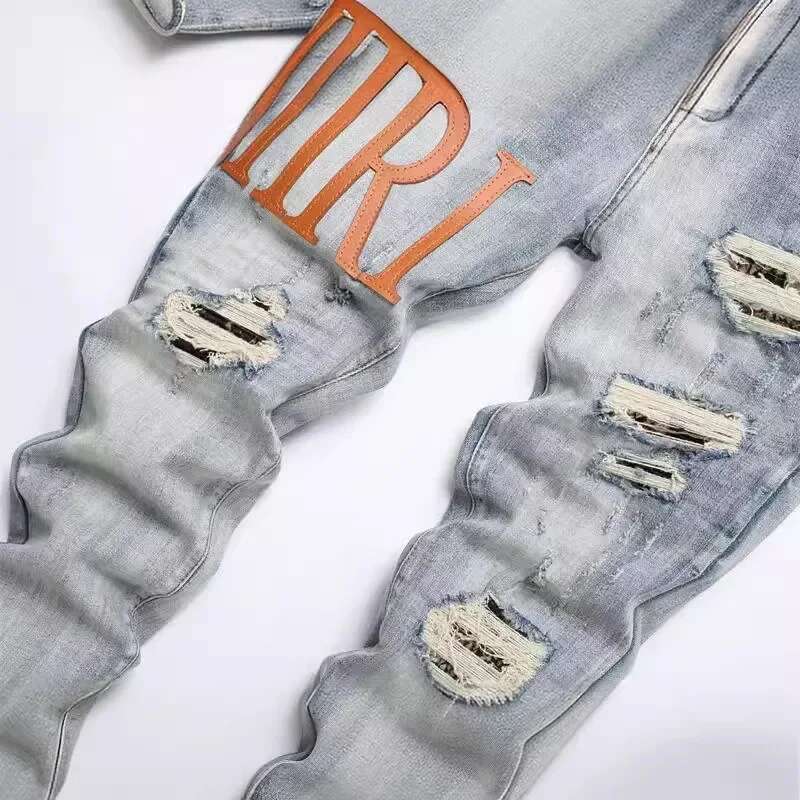 Retro Leather Jeans Holes American Elastic Slim Fashion Versatile Men's Pants Do Old Worn-Out Styles