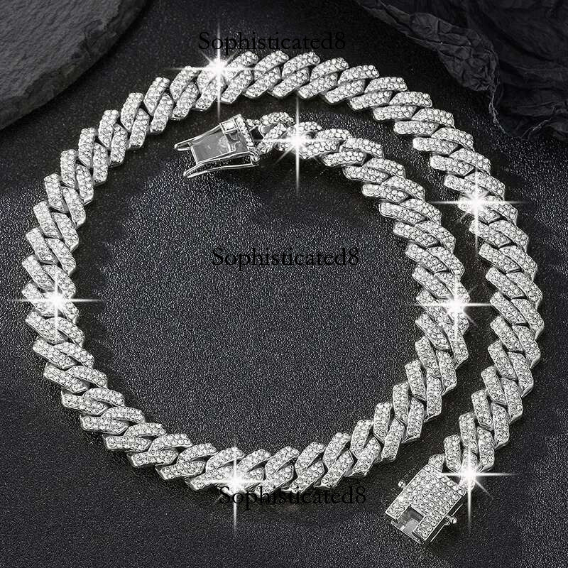 14Mm Sparkg Rhies Men's Cuban Chain, Miami Rap Hip Hop Bracelet Neck Chain Jewelry Accessories Gift