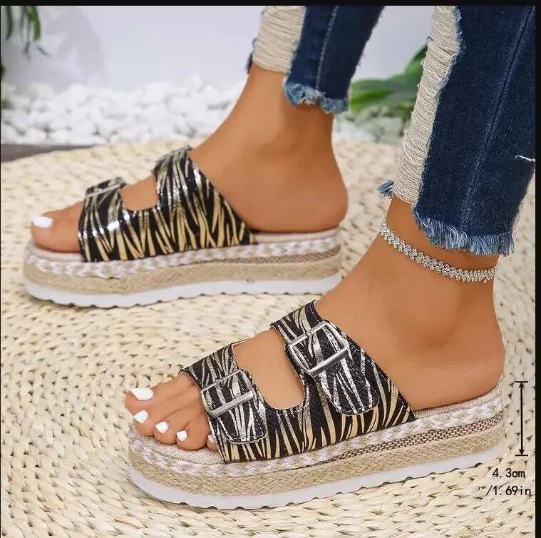 Women's Slippers Sandals Summer Thick Soled Large Size Women Belt Buckle Open Toe Twine Braided Bottom Fashion Flip-ps Shoes