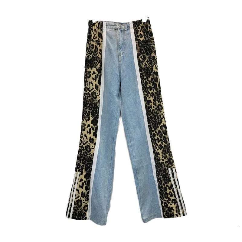 Street Hipster Ing Leopard Print For Women 2024 Autumn New Split Straight Trousers American Style High Waisted Jeans