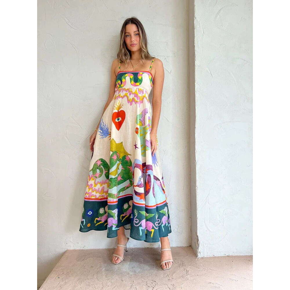 casual long women's suspender printed en 9-color large swing dress 2025 new style chic and elegant clothing