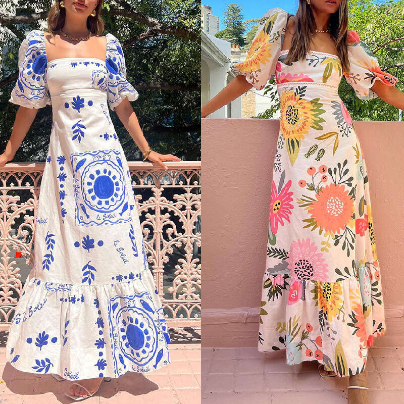European and American One Word Neck Printed Lantern Sleeve Slim fit Large Swing Cotton Hemp Dress 2025 New Leisure Fashion Trendy Clothing
