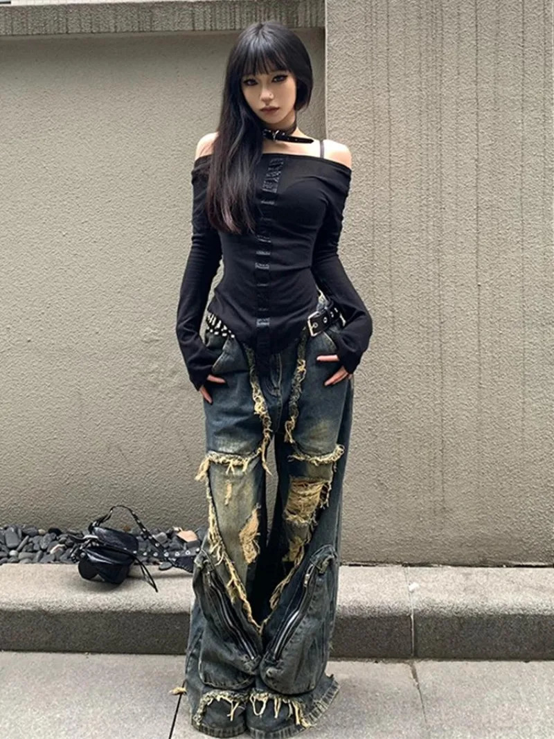 Y2K High Street Ripped Tassel Washed Baggy Jeans Woman Retro Street Hip-hop Loose Old Fashion Casual High Waist Wide Leg Jeans 250228