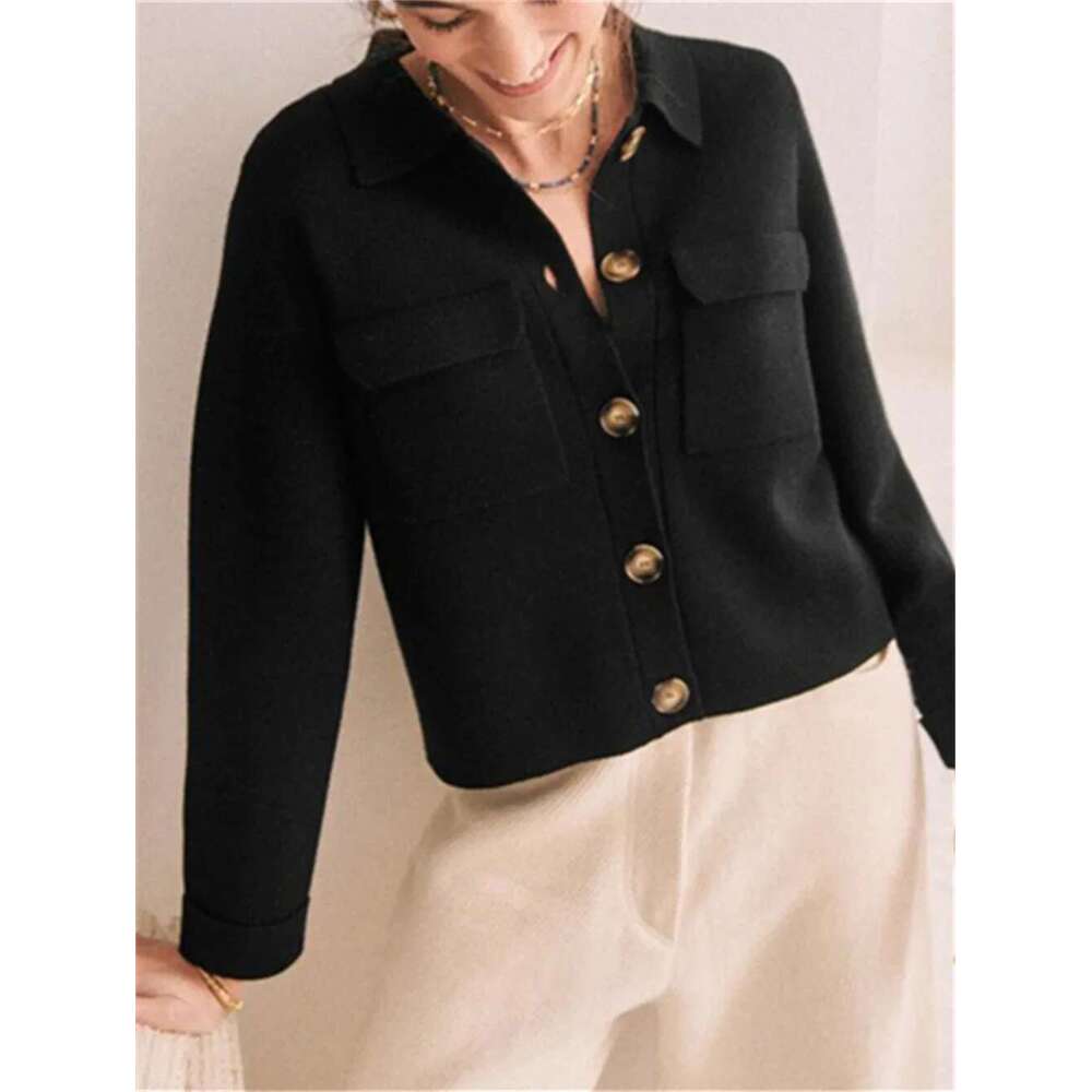 Women's Clothing Turn-Down Collar Knit Jacket Early Spring Lady Slim Single Breasted Temperament Multi-Pocket Sweater Coat Top