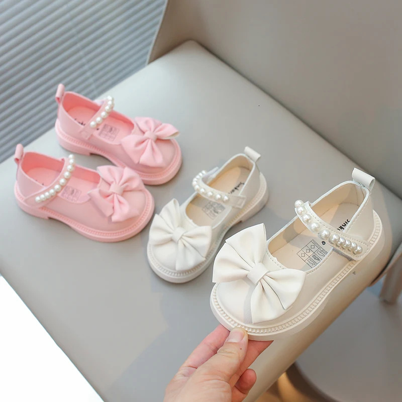 Girls casual shoes childrens PU leather shoelaces bead bows cute and fashionable princess wedding dresses party apartments soft 250303
