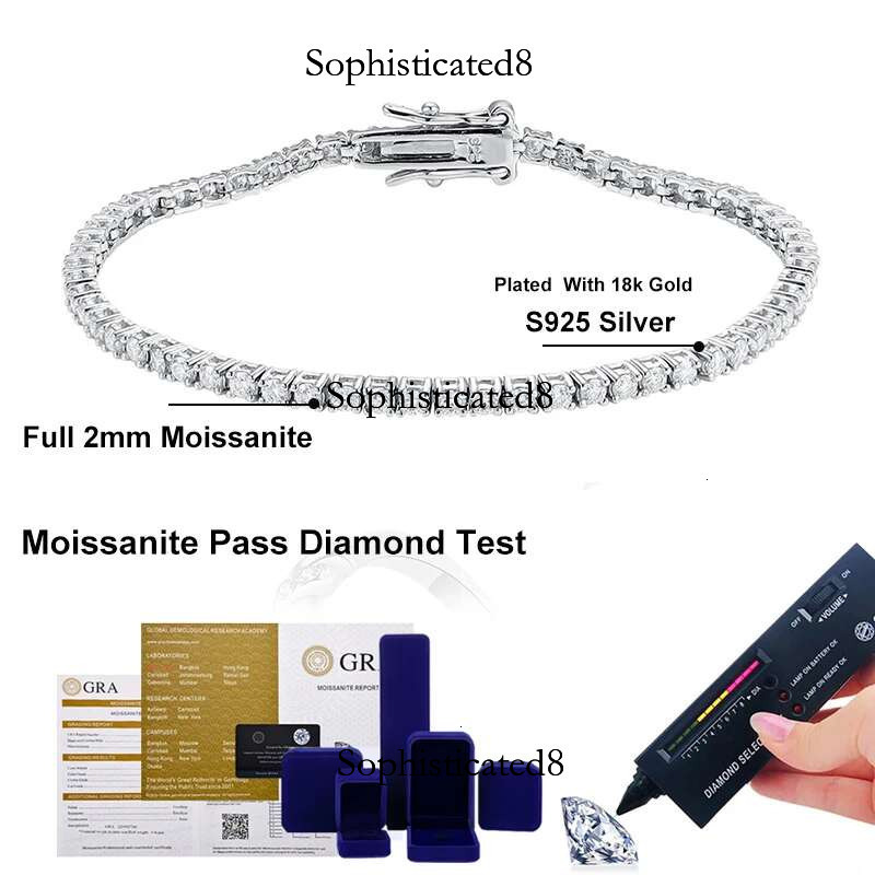 NeeTim 2mm D Color Moissanite Tennis Bracelet Sterg Sier with White Gold Plated Bracelets for Women Pass Dia Tester
