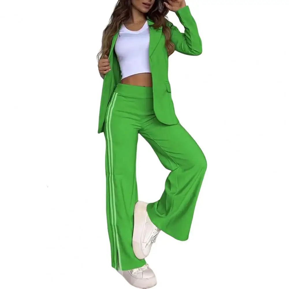 2 PcsSet Womens Blazer Formal Coat Pants Set Autumn Winter Long Sleeves Jacket Loose Striped Wide Leg Casual Suit Outfit 250225