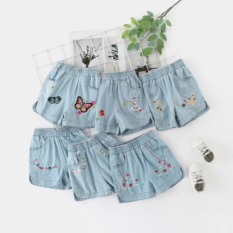 Summer Casual 2 3 4 6 8 10 12Years Children Embroidery Flower Cotton Pocket Denim Blue Shorts For Small Baby Kids Girls 250304