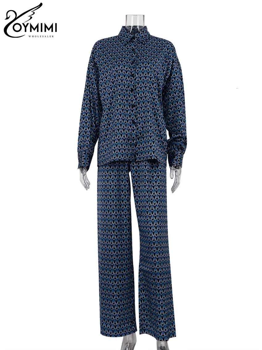 Casual Black Print 2 Piece Women Outfit Elegant Lapel Long Sleeve Button Shirts And Straight Full Length Pants Sets