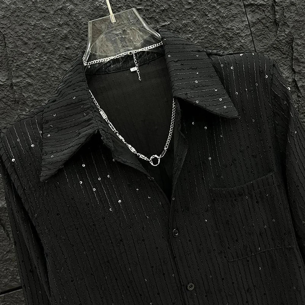 Summer Niche Glitter Loose Shirt Mens US Street Trend High End Shoulder Pads Y2k Long Sleeve Shirt 250227