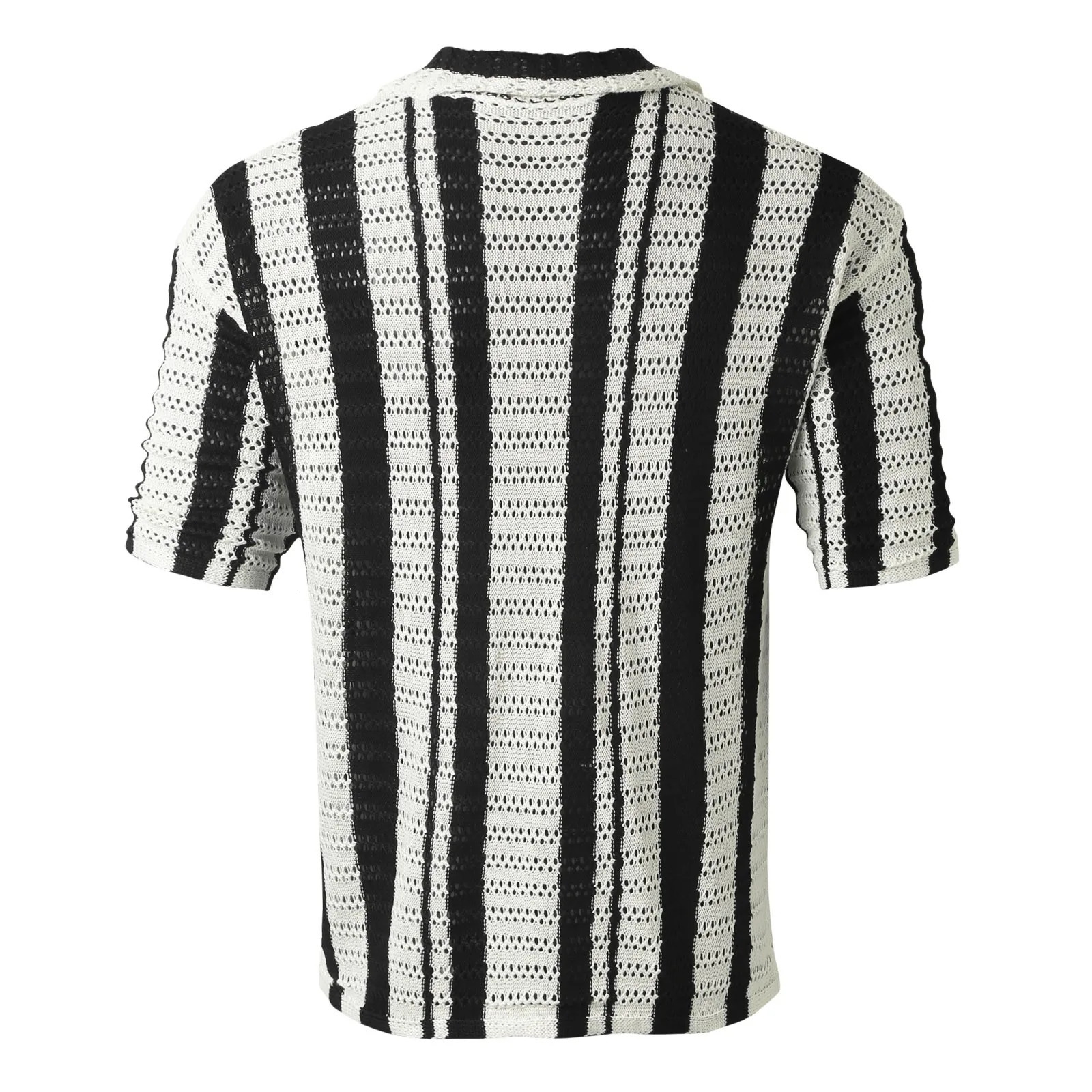 MenS Striped Handsome Shirt Hollowed Out Collar Sexy Fashionable Vacation Top Artistic Youth Clothing Mesh Long Sleeved Shirts 250304