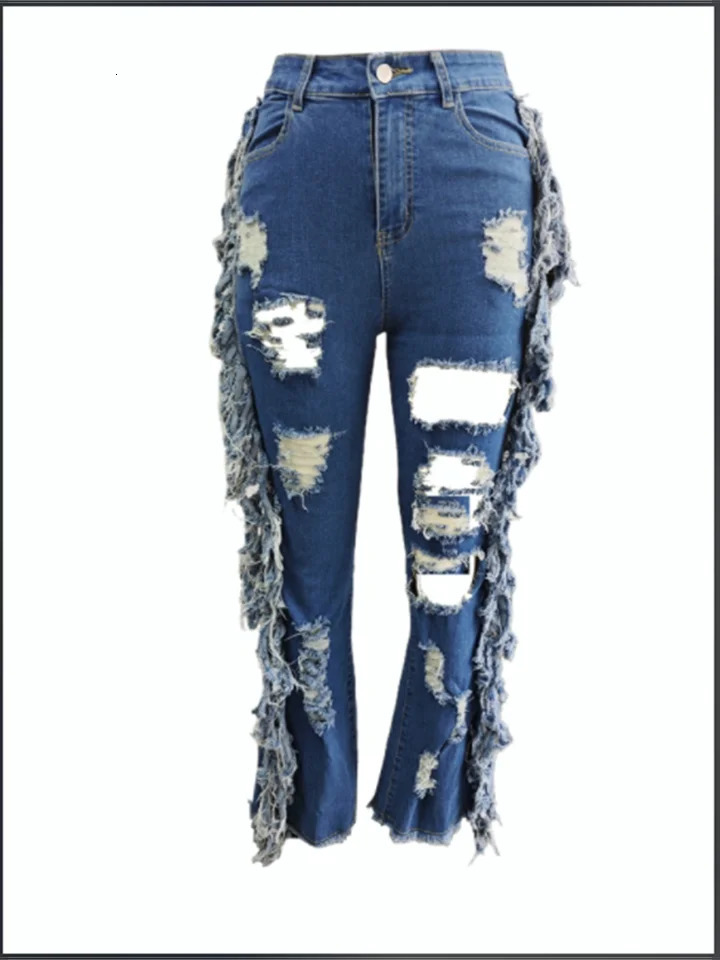 Blue Pocket Tear Pants Jeans Street Hip Hop Sexy Trouser Fashion Autumn Bell Underpants 250227