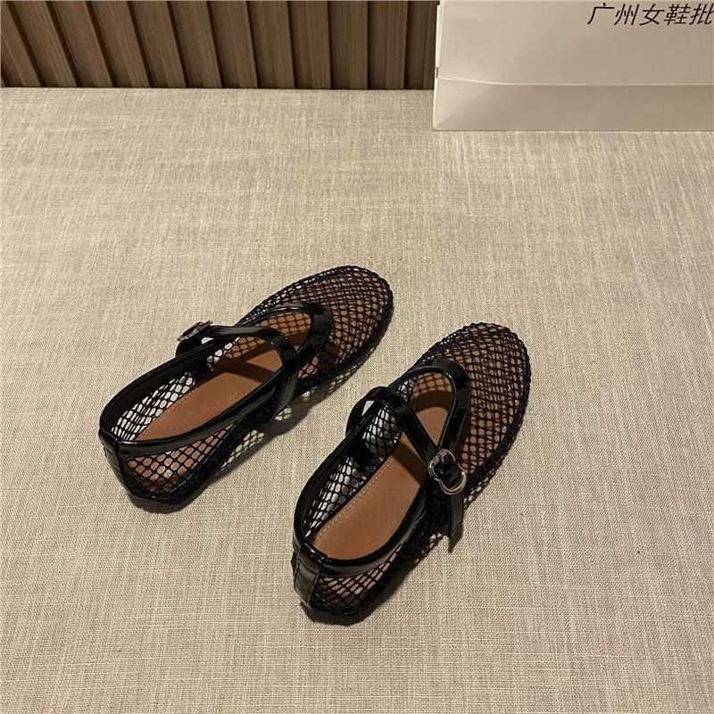 heels Round headed mesh buckle with ballet single shoe womens ins full flash flat bottom hollow Mary Jane sandals fishing net shoes 250309