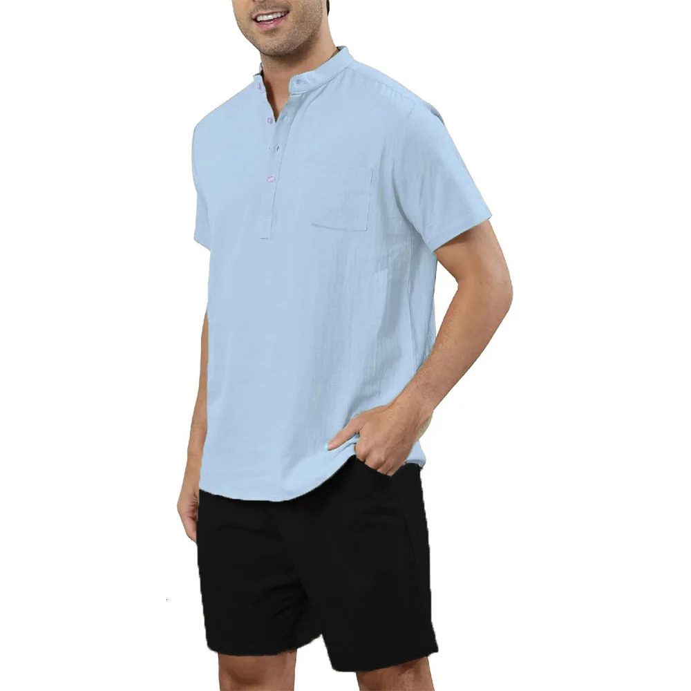 2Pcs Sets Mens Cotton Linen Set Henley Shirts Shorts Outfits Beach T-shirt Vacation Matching Suit Summer Wear Short Sleeve 250303